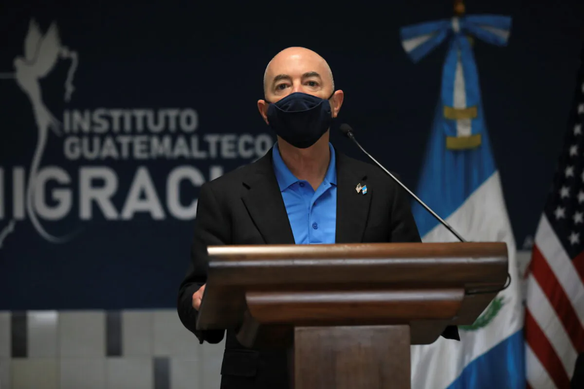 Homeland Securit Secretary Alejandro Mayorkas delivers a speech in Guatemala City, Guatemala, on July 7, 2021. (Guatemala Presidency via Reuters)