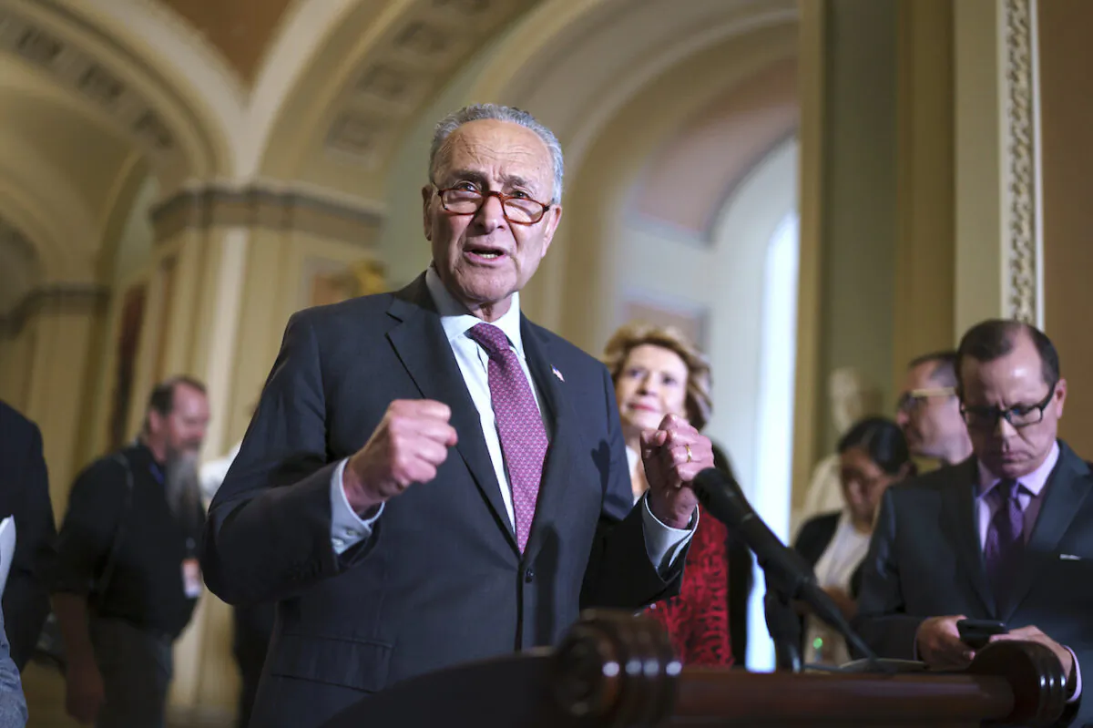 Senate Majority Leader Chuck Schumer (D-N.Y.) speaks to reporters before meeting with Democratic members of the Texas Legislature who are trying to kill a Republican bill in Austin that would make it harder to vote in the Lone Star State, at the Capitol in Washington, on July 13, 2021. (AP Photo/J. Scott Applewhite)