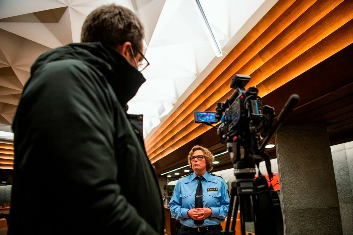 Carina Lennquist, Deputy Regional Police Chief, gives an interview following a press conference at the city hall in Vetlanda on March 4, 2021, one day after a stabbing attack. (Jonathan Nackstrand/AFP via Getty Images)