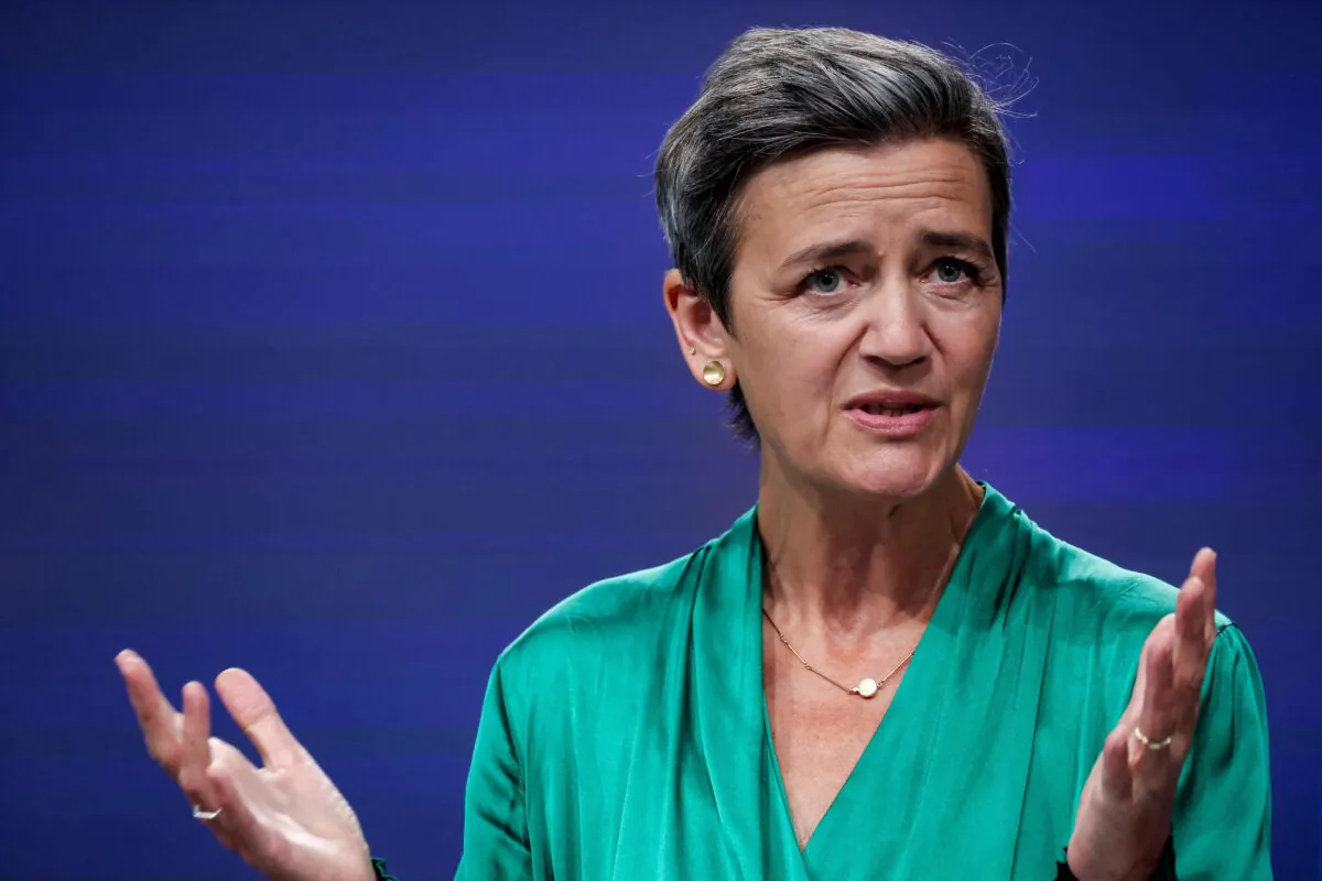 European Commission Vice President Margrethe Vestager addresses a press conference on an antitrust case at the EU headquarters in Brussels on July 8, 2021. (Kenzo Tribouillard/AFP via Getty Images)