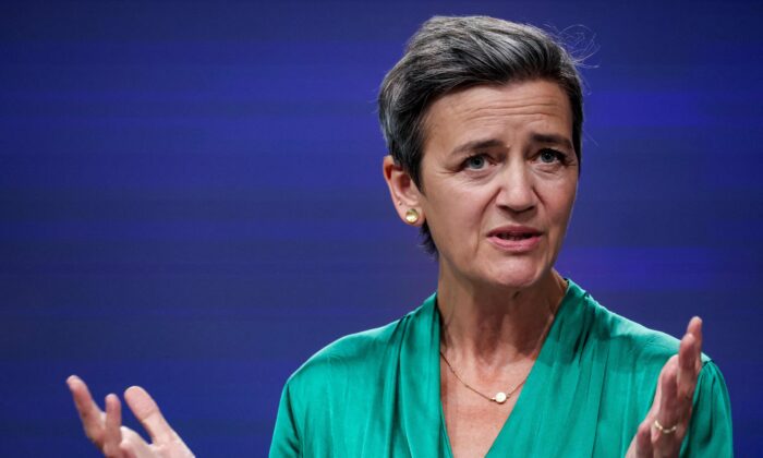 European Commission Vice President Margrethe Vestager addresses a press conference on an antitrust case at the EU headquarters in Brussels on July 8, 2021. (Kenzo Tribouillard/AFP via Getty Images)