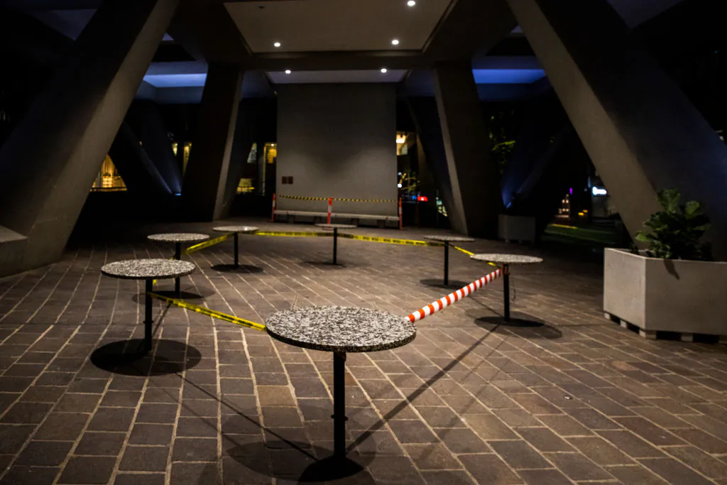 Tables taped off in Australia Square in CBD of Sydney, Australia on July 13, 2021 (Jenny Evans/Getty Images)