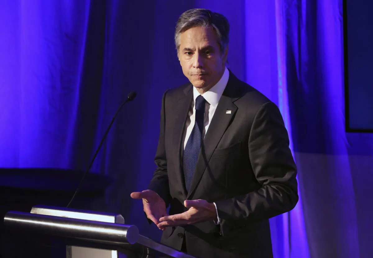 U.S. Secretary of State Antony Blinken delivers remarks at the National Security Commission on Artificial Intelligence Global Emerging Technology Summit in Washington on July 13, 2021. (Kevin Dietsch/Getty Images)