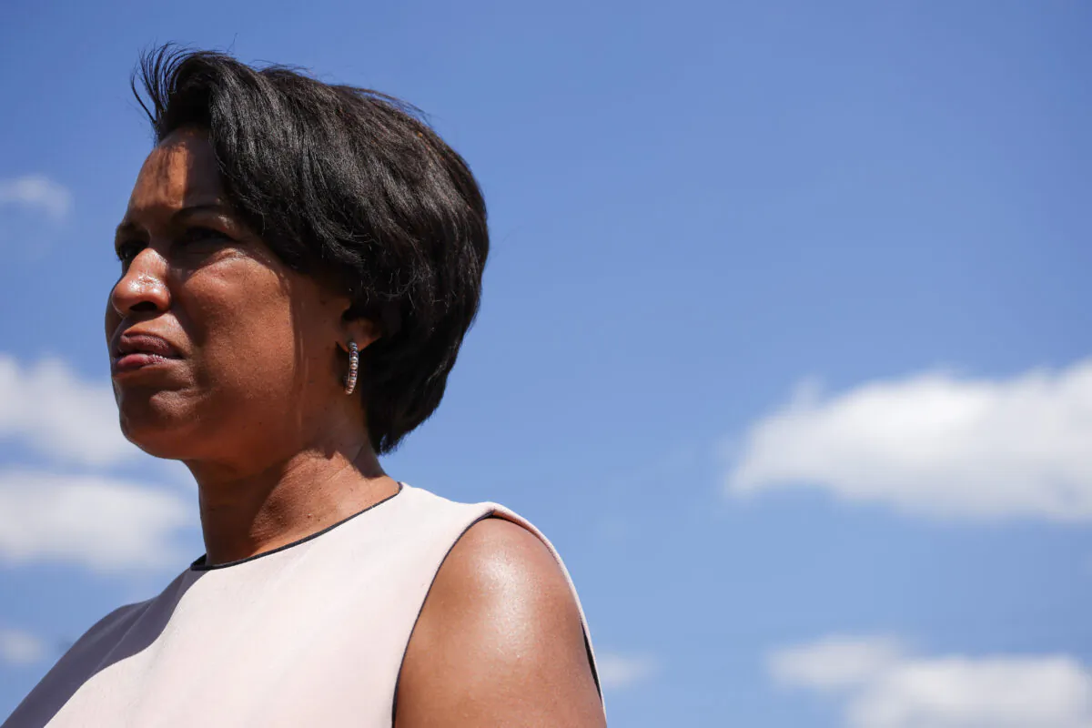 Washington Mayor Muriel Bowser speaks to reporters near a collapsed pedestrian bridge in Washington, on June 23, 2021. (Anna Moneymaker/Getty Images)
