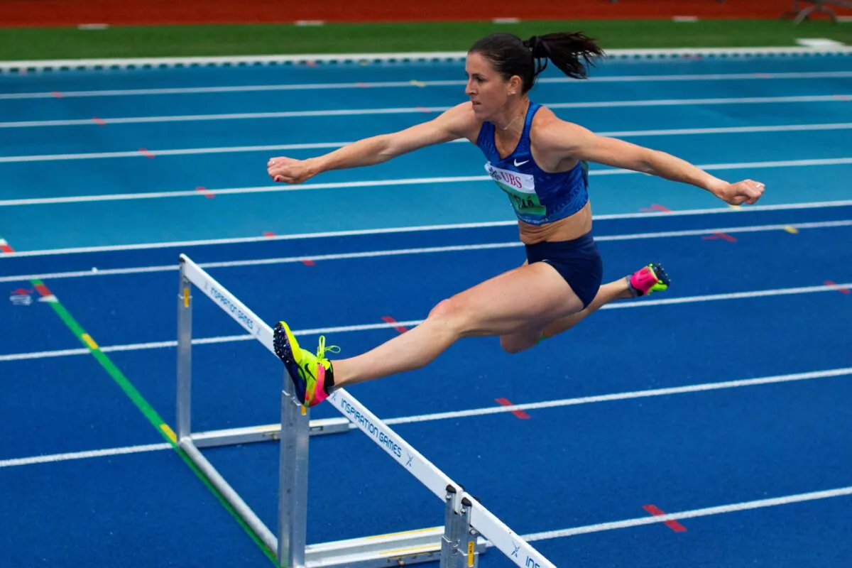 Zuzana Hejnova of the Czech Republic competes in the 300 meter hurdles women in the Weltklasse track meet in Papendal, outside Arnhem, Netherlands on July 9, 2020. (Peter Dejong/AP Photo)