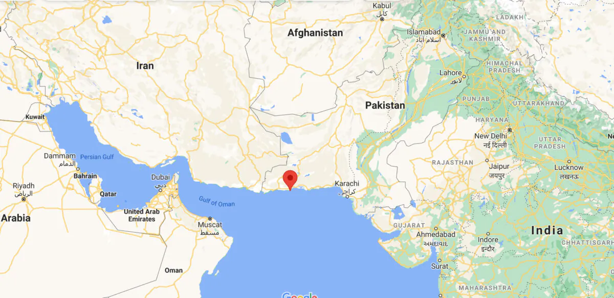 This screenshot shows the location of Pasni, a coastal town in Balochistan province, where a bomb blast killed two soldiers and wounded some more, in Pakistan, on July 14, 2021. (Google Map/Screenshot via The Epoch Times)