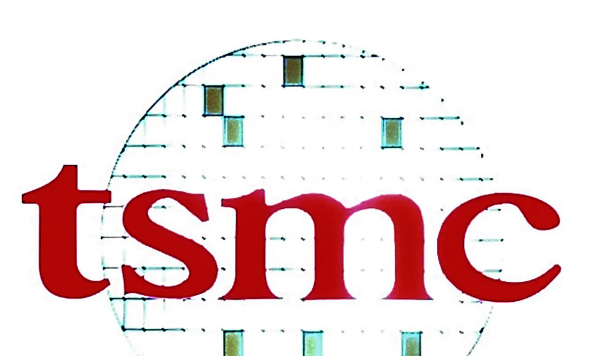 The logo of Taiwan Semiconductor Manufacturing Co. (TSMC) is displayed during a third quarter press conference in Taipei, Taiwan, on Oct. 27, 2005. (Chiang Ying-ying/File/AP Photo)