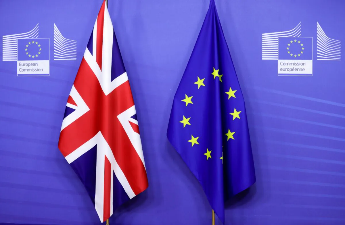 Flags of the Union Jack and European Union are seen ahead of the meeting of European Commission President Ursula von der Leyen and British Prime Minister Boris Johnson, in Brussels, Belgium, on Dec. 9, 2020. (Olivier Hoslet/Pool via Reuters)