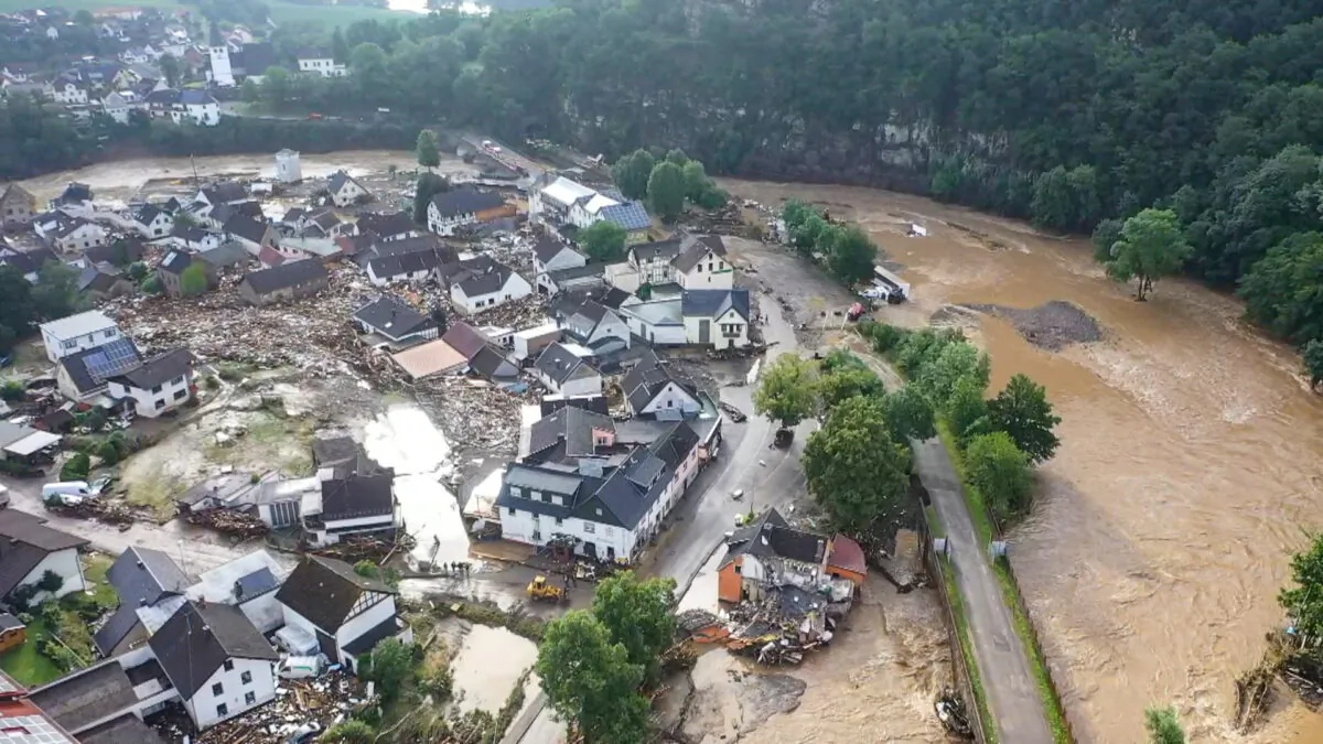 A photo, taken with a drone, shows the devastation caused by the flooding of the Ahr River in the Eifel village of Schuld, western Germany on July 15, 2021. (Christoph Reichwein/dpa via AP)