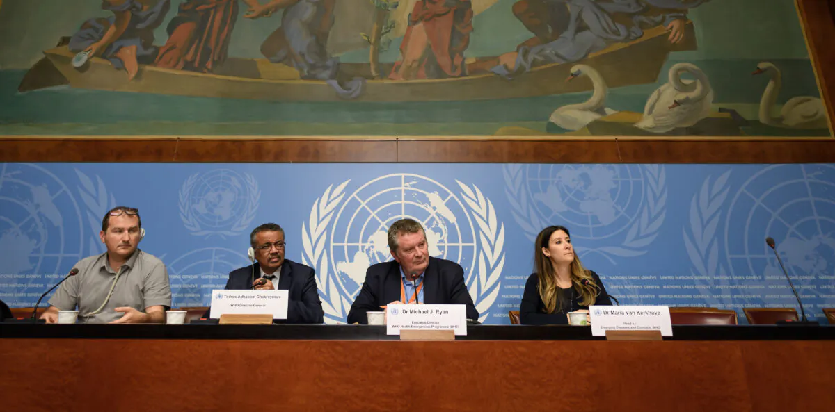 (From L) World Health Organization (WHO) spokesman Tarik Jasarevic, WHO Director-General Tedros Adhanom Ghebreyesus, WHO Health Emergencies Programme head Michael Ryan, and WHO Emerging Diseases and Zoonosis head Maria Van Kerkhove attend a press briefing on evolution of new coronavirus epidemic in Geneva, on Jan. 29, 2020. (Fabrice Coffrini / AFP via Getty Images)