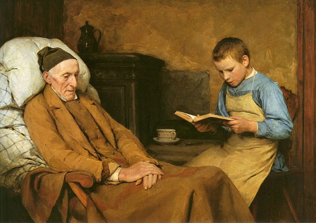 "Reading Devotions to Grandfather," 1893, by Albert Anker. Oil on canvas; 24 3/4 inches by 36 inches. The Museum of Fine Arts Bern. (Public domain)
