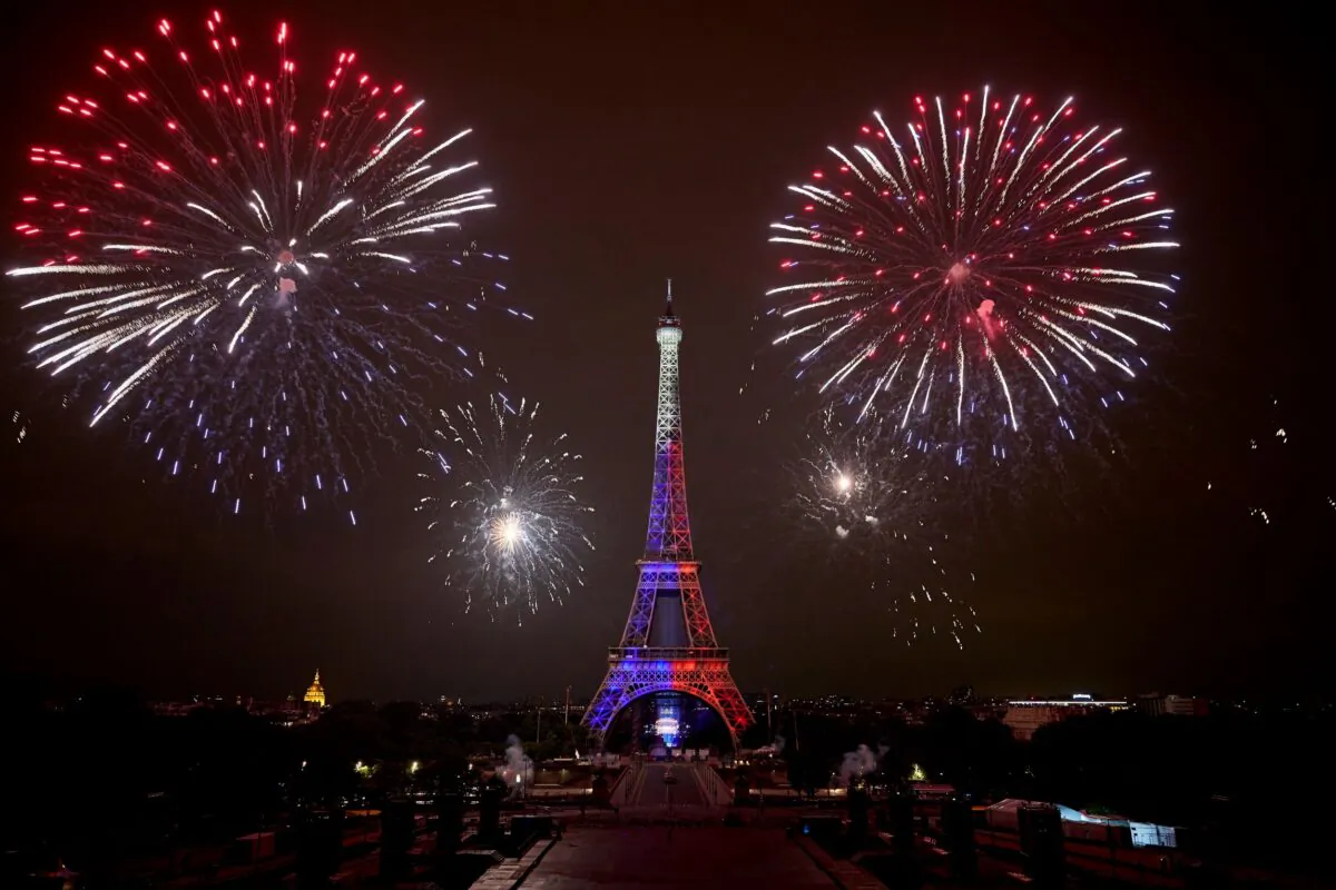 Fireworks light up the Eiffel Tower as part the annual Bastille Day Celebrations in Paris, France, on July 14, 2021. (Kiran Ridley/Getty Images)