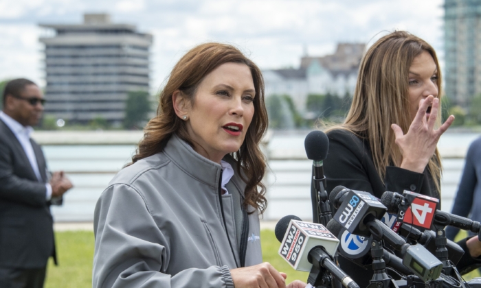 Michigan Gov. Gretchen Whitmer speaks during a press conference on Belle Isle in Detroit, Mich., on June 22, 2021. (David Guralnick/Detroit News via AP)