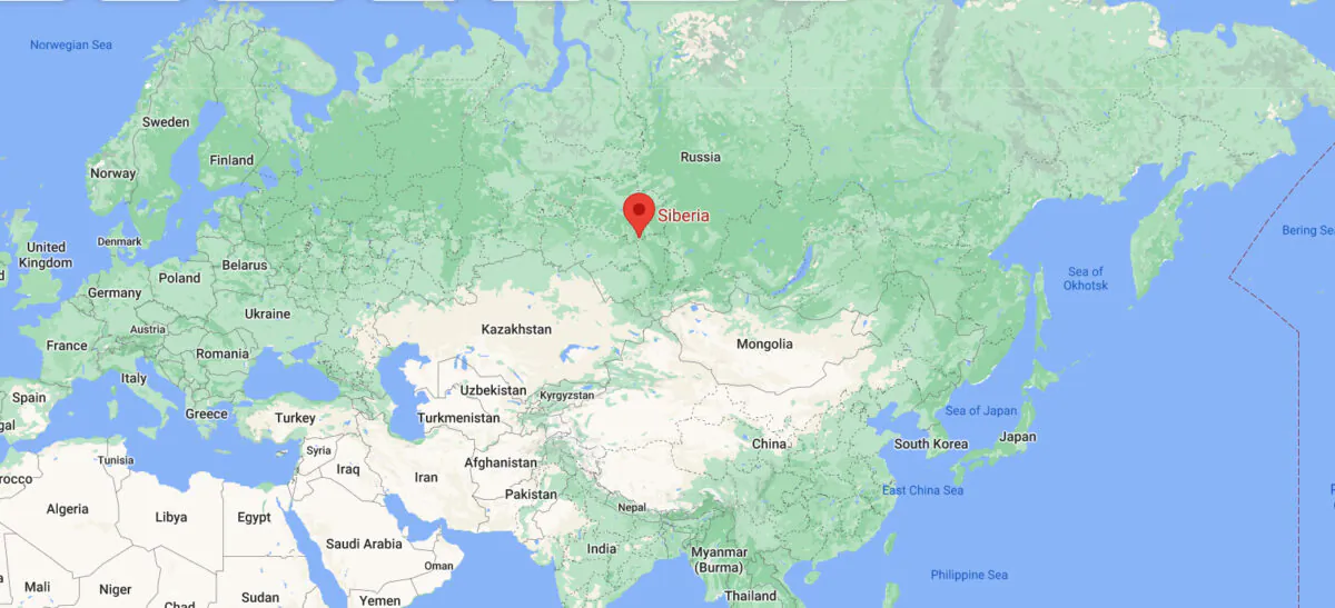 This screenshot shows the location of Tomsk region in western Siberia, where a Russian passenger plane made a forced landing, Siberia, Russia, on July 16, 2021. (Google Map/Screenshot via The Epoch Times)
