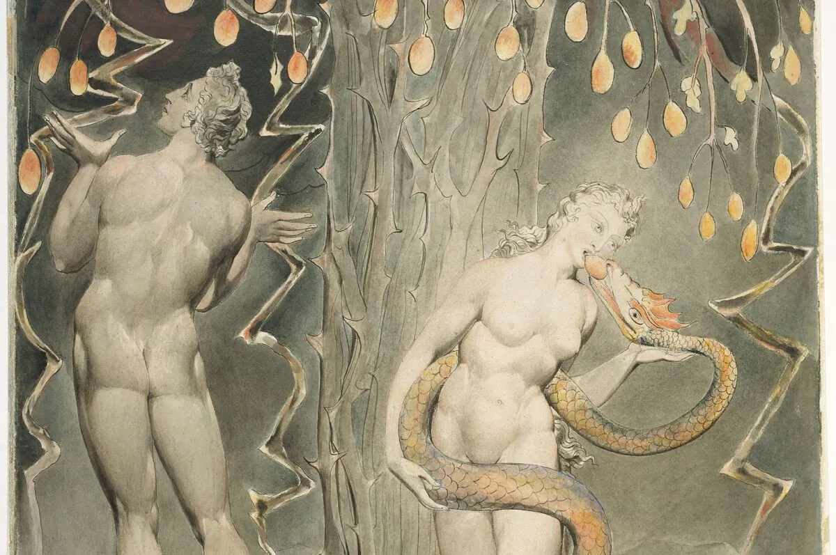 “The Temptation and Fall of Eve,” 1808, by William Blake. Illustration for John Milton's "Paradise Lost." Museum of Fine Arts, Boston. (PD-US)