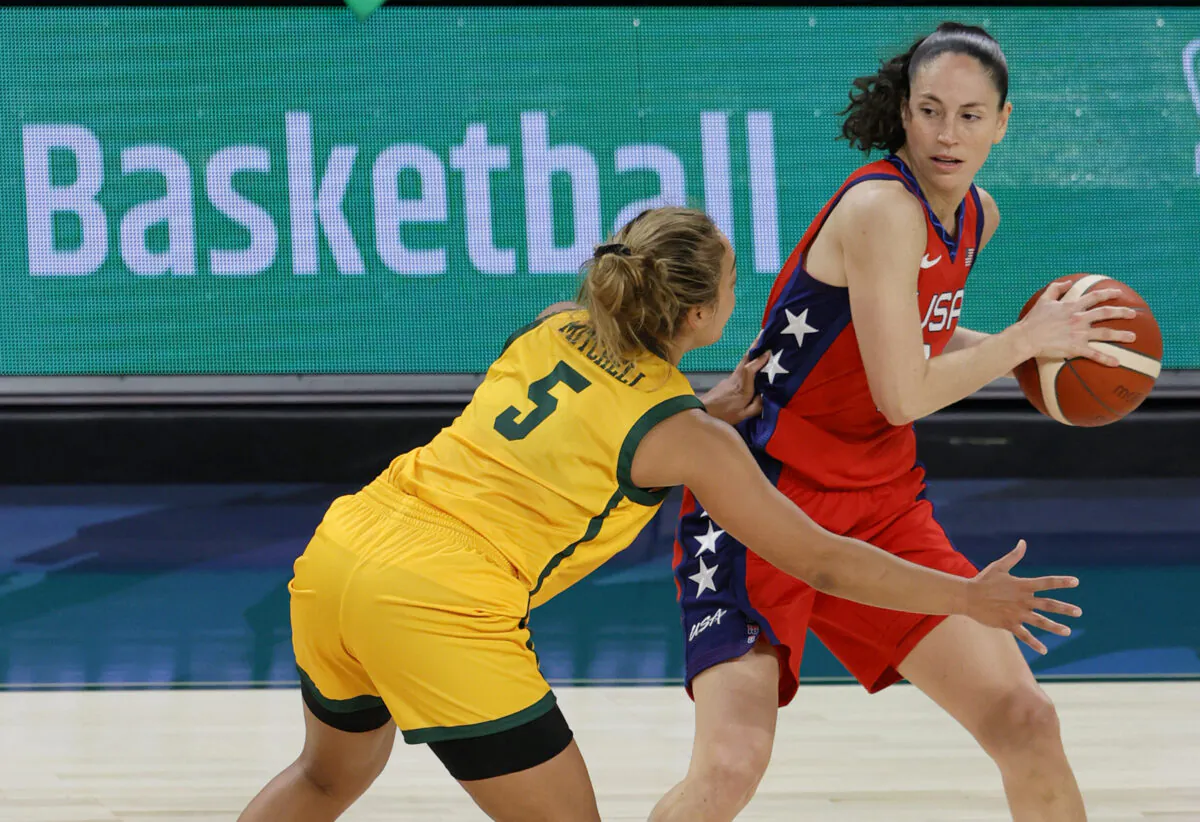 Sue Bird #6 of the United States is guarded by Leilani Mitchell #5 of the Australia Opals during an exhibition game at Michelob ULTRA Arena ahead of the Tokyo Olympic Games in Las Vegas, Nev., on July 16, 2021. (Ethan Miller/Getty Images)
