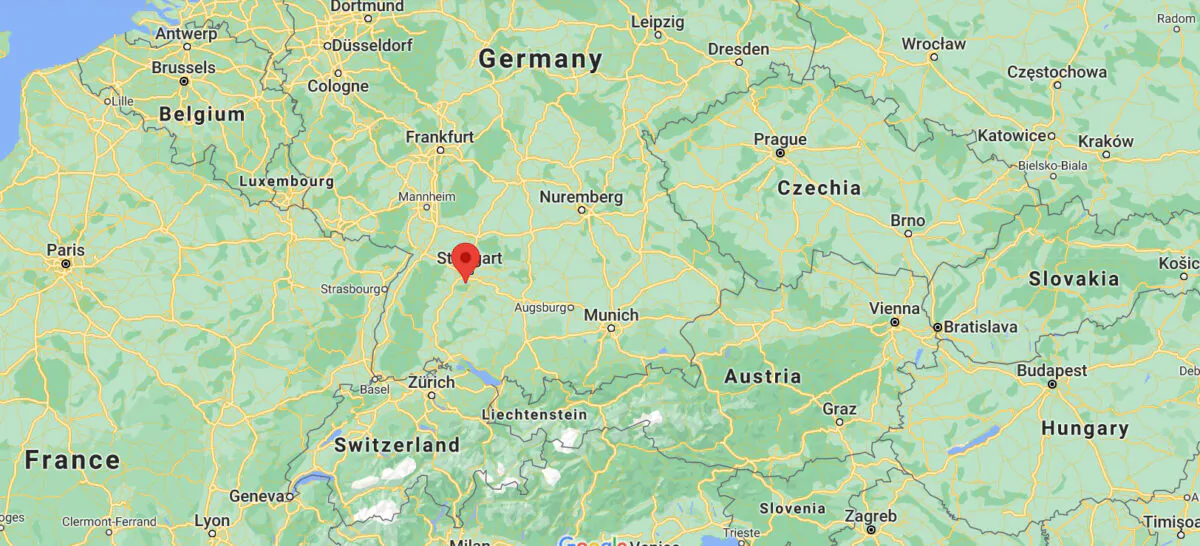 This screenshot shows the location, where a German Piper aircraft came down and crashed in a woodland area near Steinenbronn, south of Stuttgart, Germany, on July 17, 2021. (Google Map/Screenshot via The Epoch Times)
