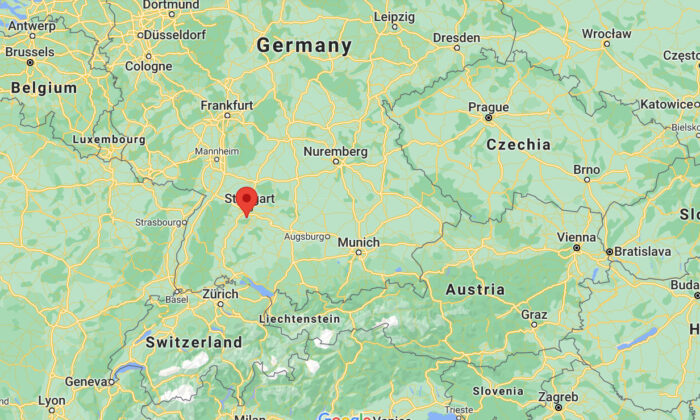 This screenshot shows the location of a German Piper aircraft crashing on July 17, 2021 in a forest area near Steinenbronn, south of Stuttgart, Germany.  (Screenshot via Google Maps / Epoch Times)