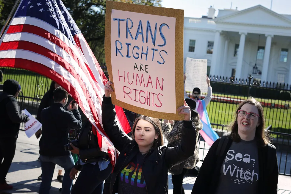 LGBT activists from the National Center for Transgender Equality rally in front of the White House in Washington on Oct. 22, 2018. (Chip Somodevilla/Getty Images)