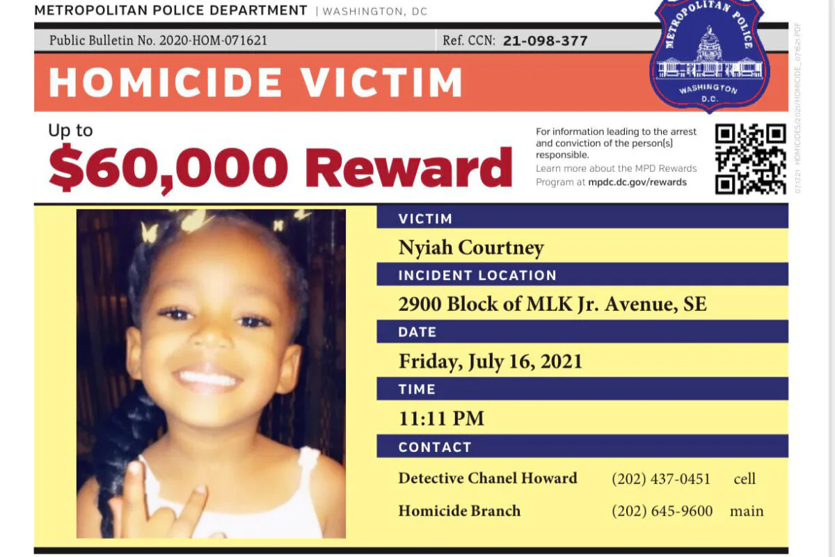 A notice with a $60,000 reward offered by the police after a 6-year-old girl was killed in a shooting in Washington on July 16, 2021. (Metropolitan Police Department)