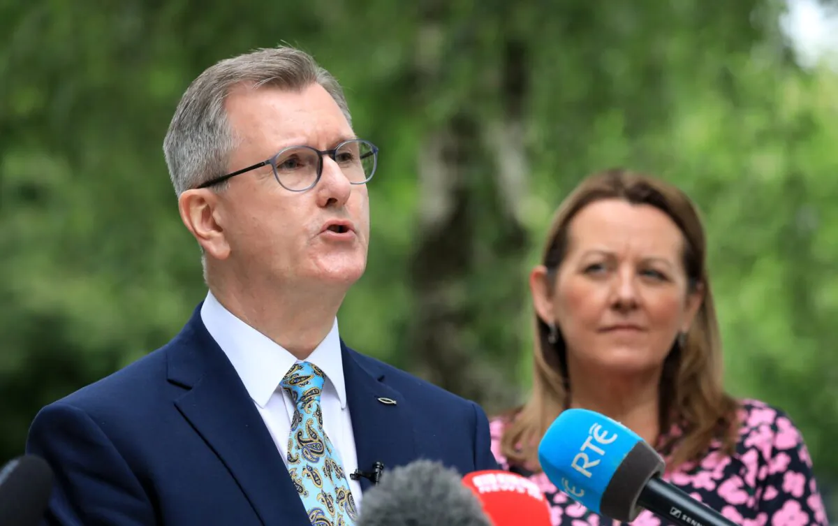 Newly elected DUP leader designate Sir Jeffrey Donaldson speaks to the media, in the United Kingdom on June 26, 2021. (Peter Morrison/PA)