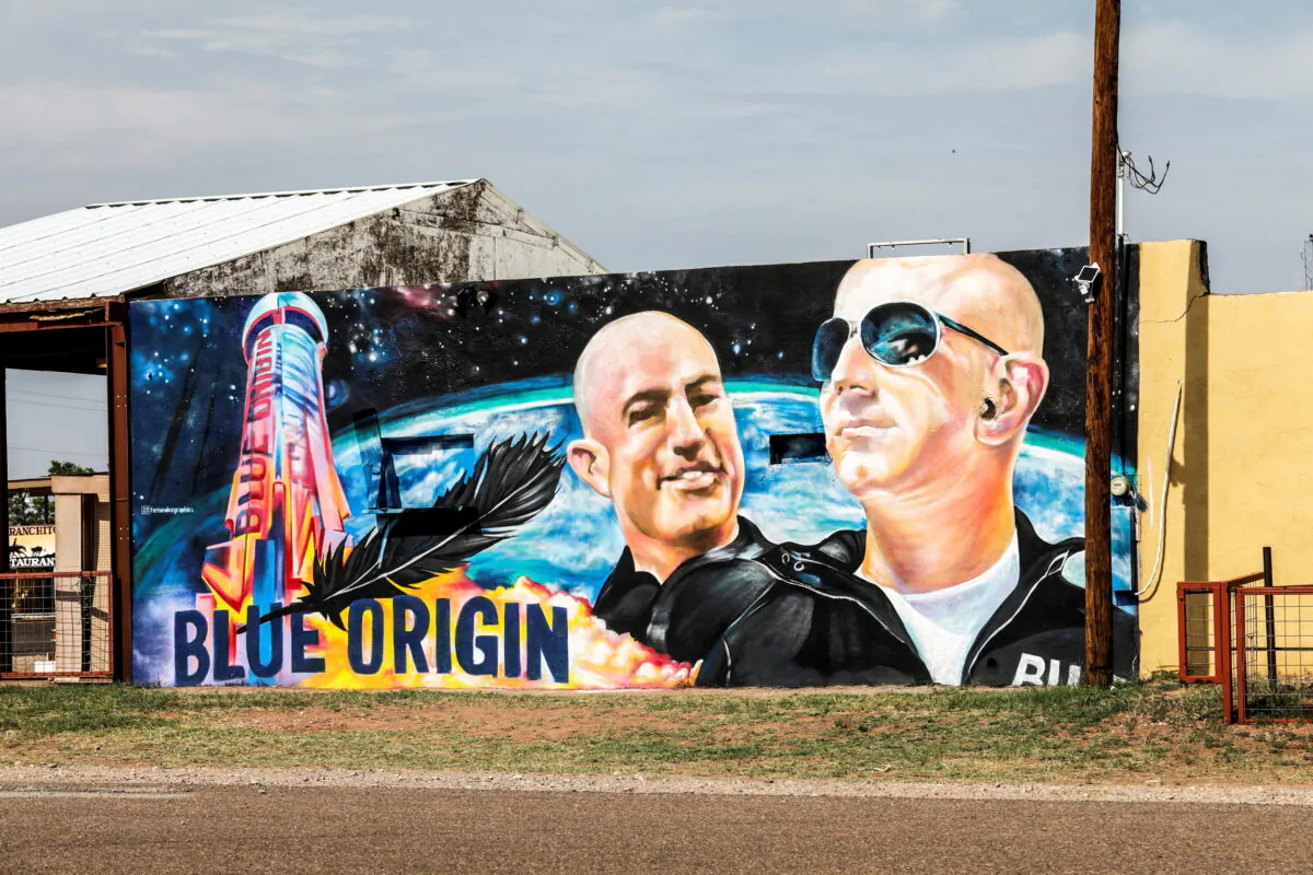 Mural displaying Jeff Bezo and his brother Mark Bezo, is seen in Van Horn, Texas, on July 18, 2021. (Thom Baur/Reuters)