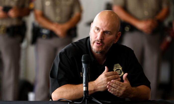 National Border Patrol Council President Brandon Judd at a border meeting in Del Rio, Texas, on July 18, 2021. (Charlotte Cuthbertson/The Epoch Times)