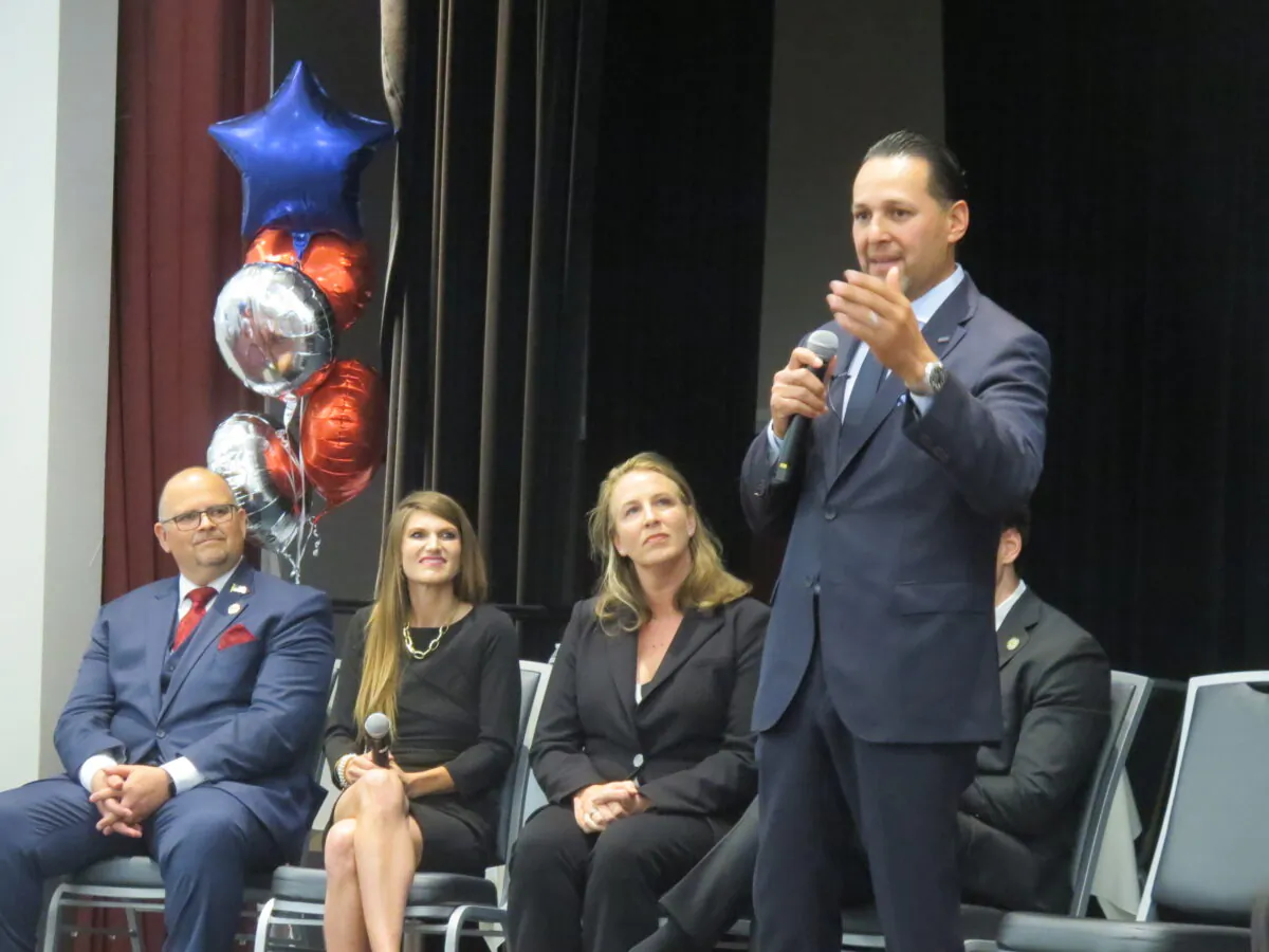 California gubernatorial election candidate Anthony Trimino speaks during a forum in Yorba Linda, Calif., on July 15, 2021. (Mei Li/The Epoch Times)