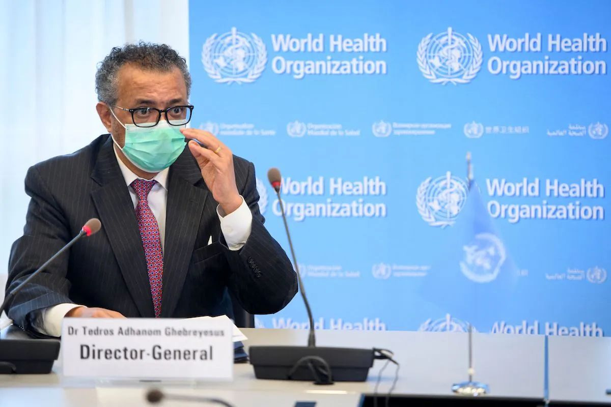 Chief of the World Health Organization (WHO) Tedros Adhanom Ghebreyesus during a meeting at the WHO headquarters in Geneva on May 24, 2021. (Laurent Gillieron/AFP via Getty Images)