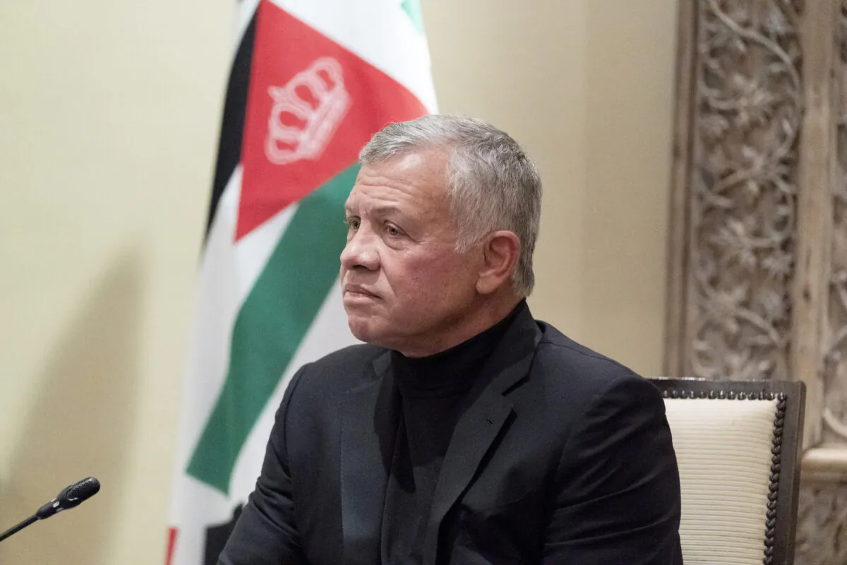 Jordan’s King Abdullah II listens during a meeting with Secretary of State Antony Blinken at Bayt Al Urdon in Amman, Jordan, on May 26, 2021. (Alex Brandon/Pool via AP)