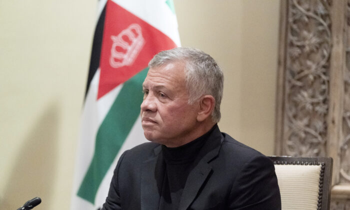 Jordan’s King Abdullah II listens during a meeting with Secretary of State Antony Blinken at Bayt Al Urdon in Amman, Jordan, on May 26, 2021. (Alex Brandon/Pool via AP)