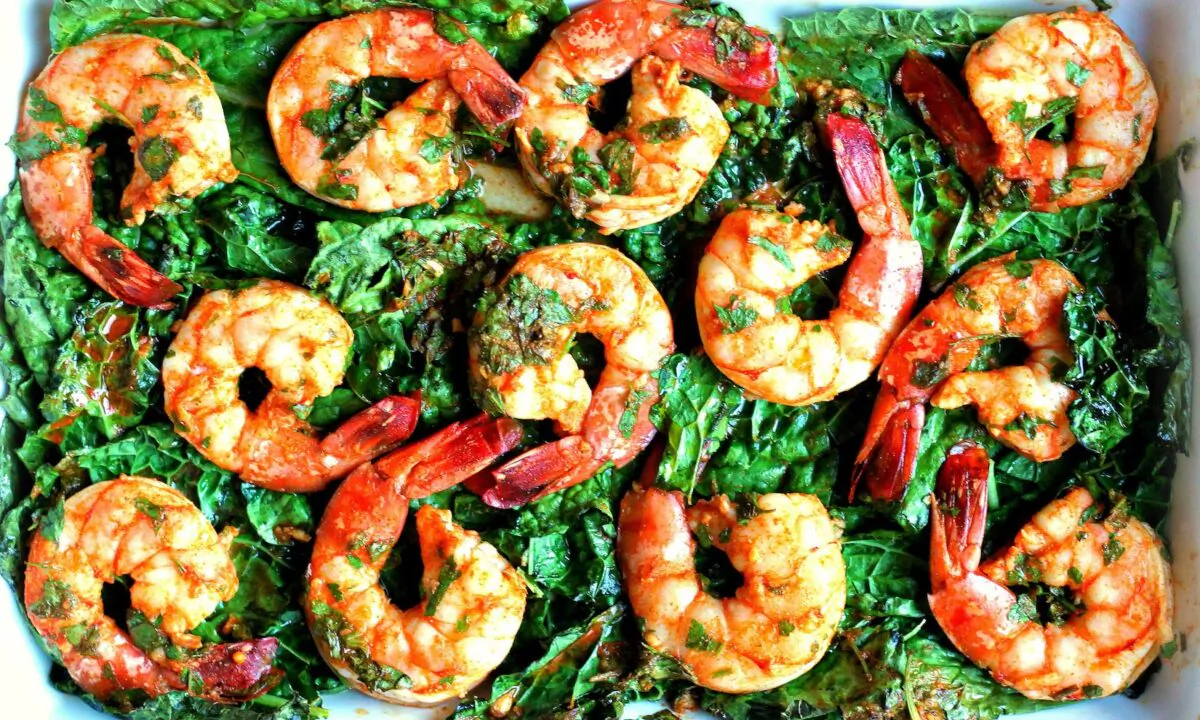 Fragrant chermoula punches up the flavor of this 30-minute shrimp and kale bake. (Lynda Balslev for Tastefood)
