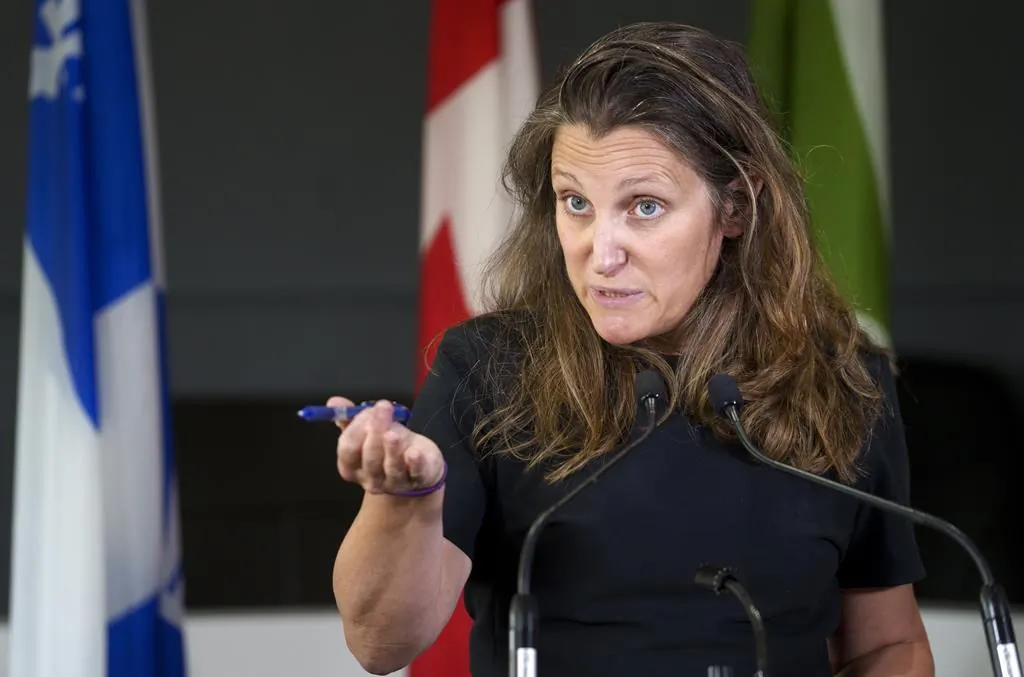 Finance Minister Chrystia Freeland responds to a question during a news conference in Boisbriand, Que. on July 19, 2021. (The Canadian Press/Paul Chiasson)