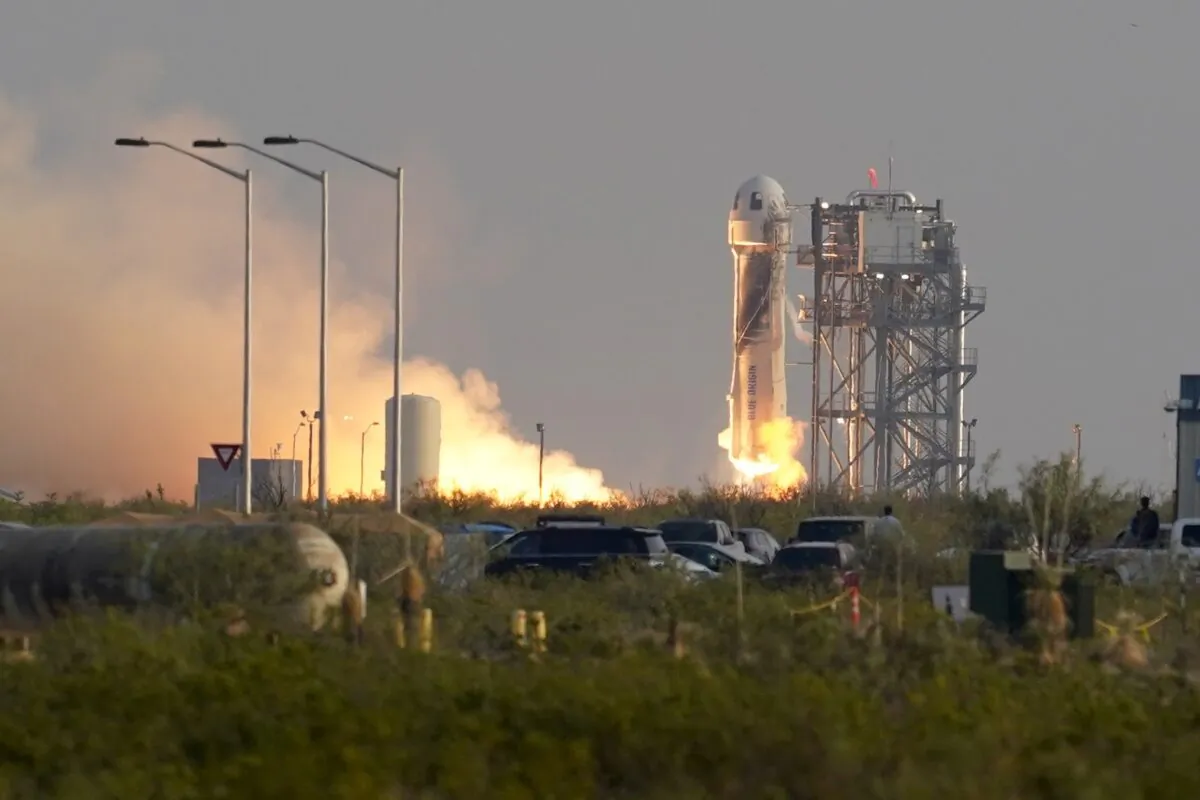 Blue Origin's New Shepard rocket launches carrying passengers Jeff Bezos, founder of Amazon and space tourism company Blue Origin, brother Mark Bezos, Oliver Daemen and Wally Funk, from its spaceport near Van Horn, Texas, on July 20, 2021. (Tony Gutierrez/AP Photo)