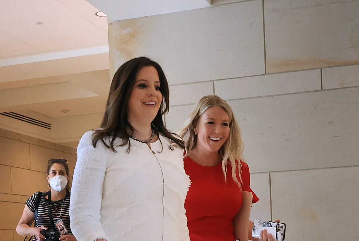 Karoline Leavitt (R) with Rep. Elise Stefanik (R-N.Y.), for whom Leavitt staffed in Washington. Leavitt is running for the Republican nomination in New Hampshire's 1st Congressional District. Pictured in Washington on May 14, 2021. (Chip Somodevilla/Getty Images)