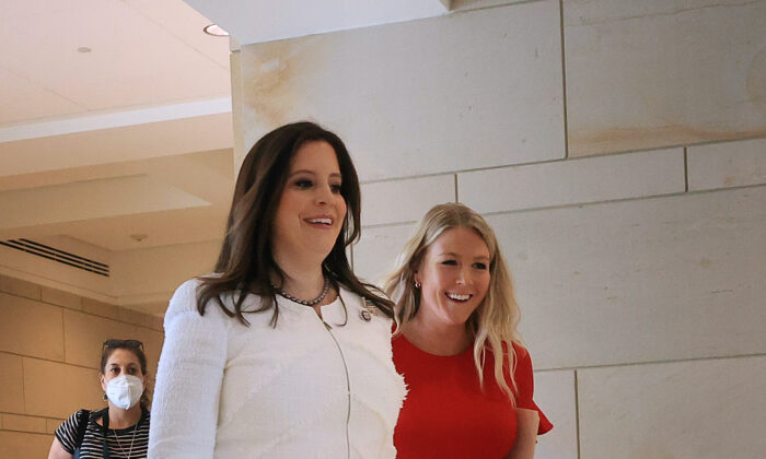 Rep. Elise Stefanik (R-N.Y.) leaves a meeting with Karoline Leavitt where she was elected House Republican conference chair in the U.S. Capitol Visitors Center in Washington, on May 14, 2021. (Chip Somodevilla/Getty Images)