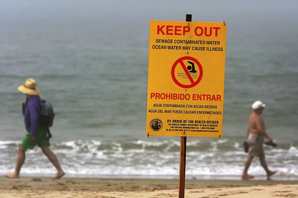 File photo of warning signs keep bathers out of the water in California in 2006. (David McNew/Getty Images)