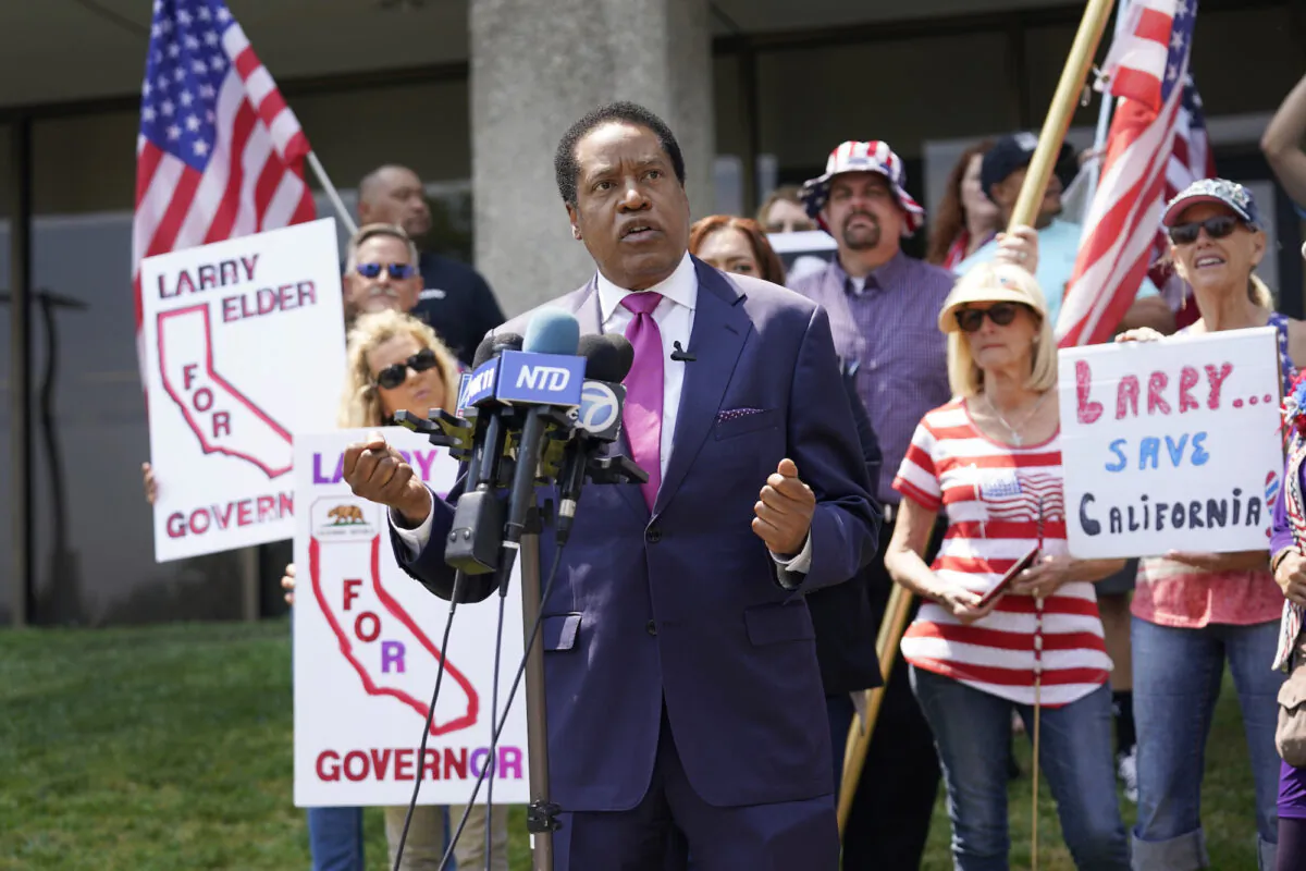 California gubernatorial hopeful Larry Elder speaks to supporters in Norwalk, Calif., on July 13, 2021. (Marcio Jose Sanchez/AP Photo)