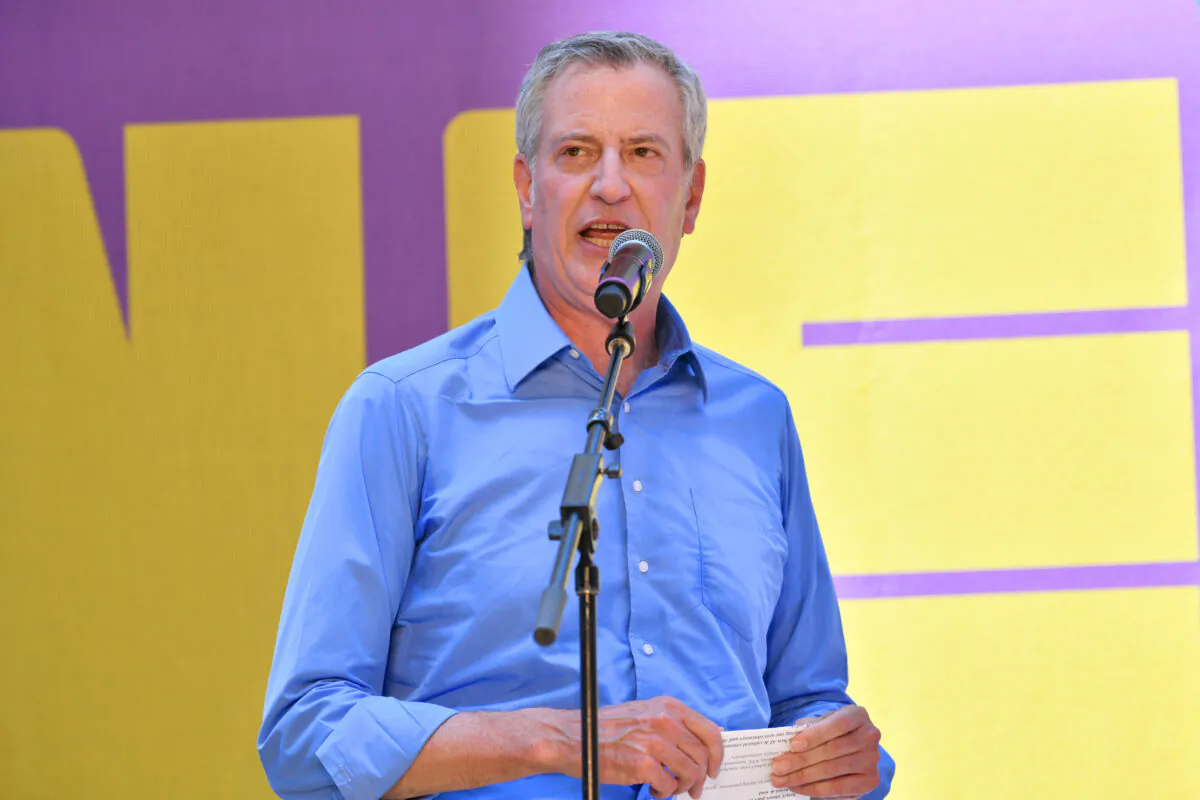 New York City Mayor Bill de Blasio speaks at Let’s Get This Show on the Street: New 42 Celebrates Arts Education on 42nd Street in Times Square New York City on June 5, 2021. (Bryan Bedder/Getty Images for New 42)
