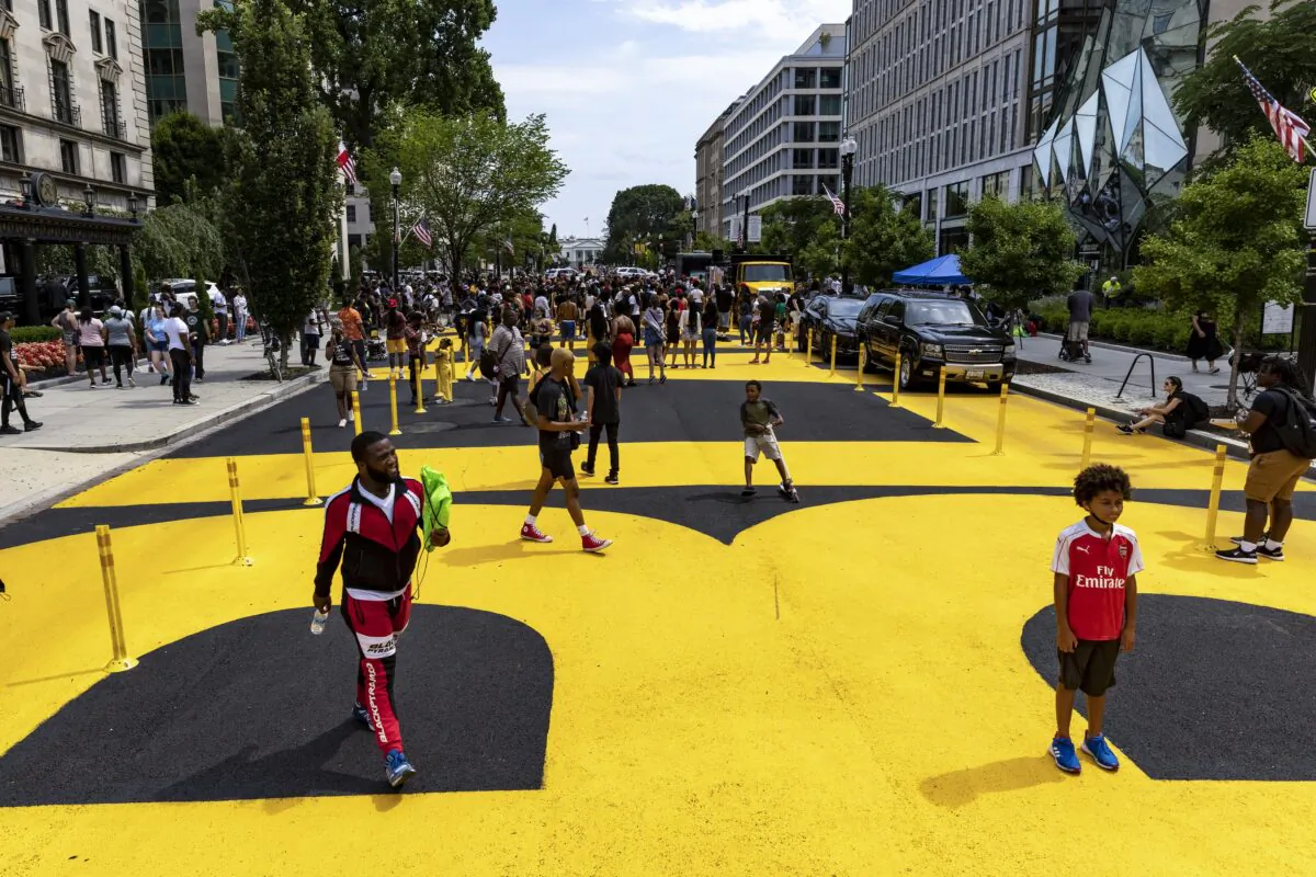 People celebrate Juneteenth at Black Lives Matter Plaza in Washington on June 19, 2021. (Tasos Katopodis/Getty Images)
