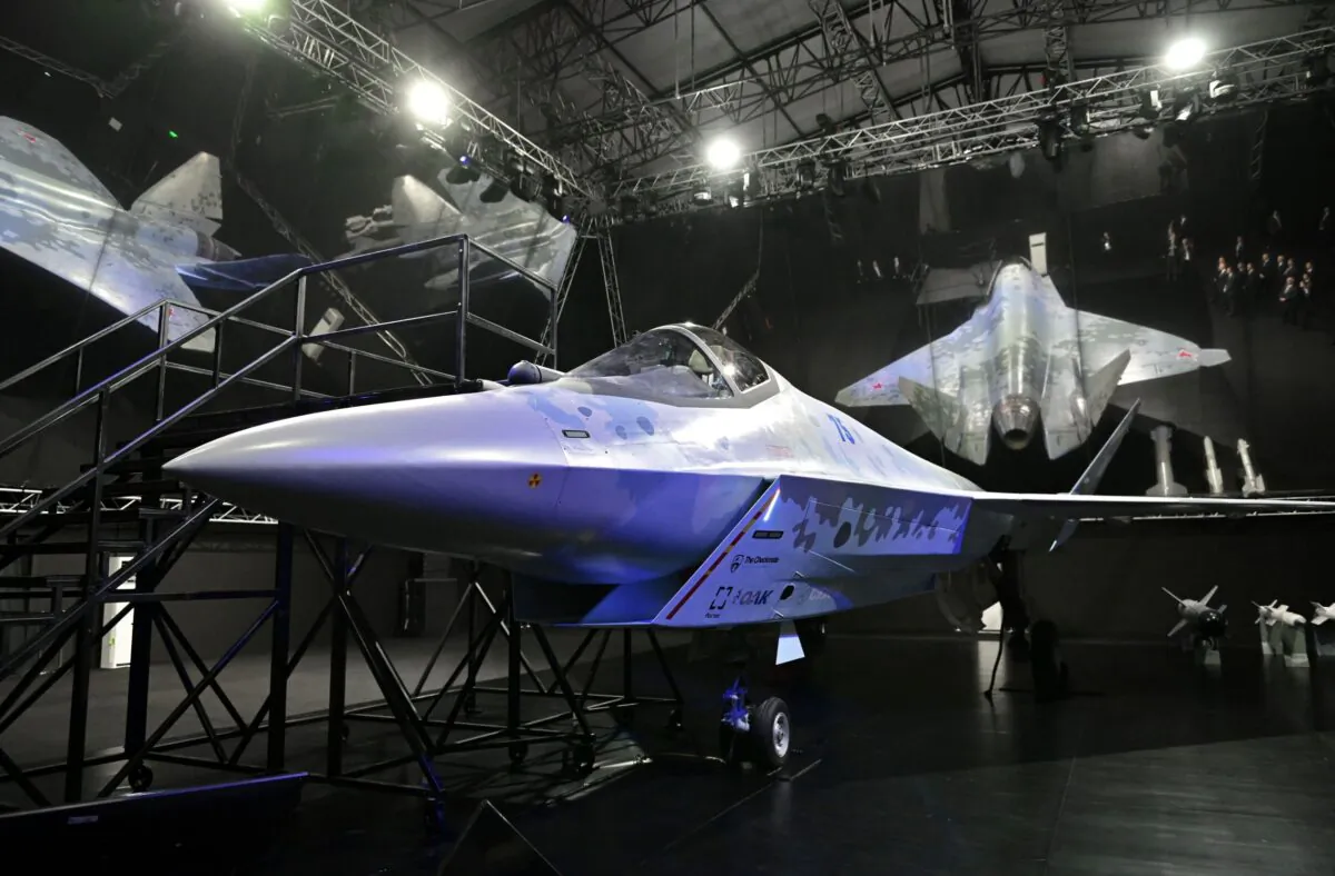 Checkmate, new Sukhoi fifth-generation stealth fighter jet is seen during an opening ceremony of the MAKS-2021 air show in Zhukovsky, outside Moscow, Russia, on July 20, 2021. (Sputnik/Alexei Nikolskyi/Kremlin via Reuters)