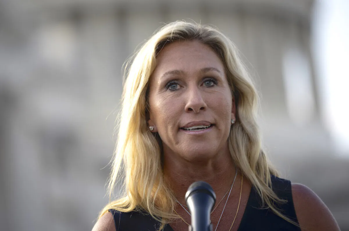 Rep. Marjorie Taylor Greene (R-Ga.) speaks at a news conference after visiting the Holocaust Museum, outside the U.S. Capitol in Washington on June 14, 2021. (Drew Angerer/Getty Images)