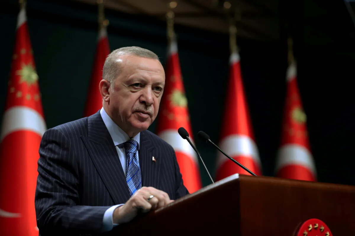 Turkish President Tayyip Erdogan gives a statement after a cabinet meeting in Ankara, Turkey, on May 17, 2021. (Murat Cetinmuhurdar/PPO/Handout via Reuters)