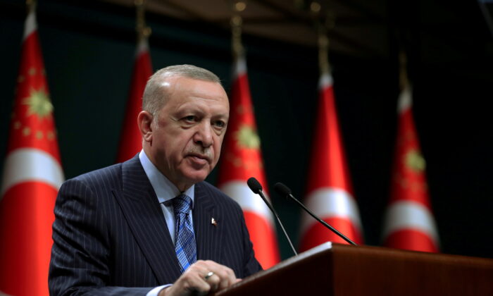 Turkish President Tayyip Erdogan gives a statement after a cabinet meeting in Ankara, Turkey, on May 17, 2021. (Murat Cetinmuhurdar/PPO/Handout via Reuters)