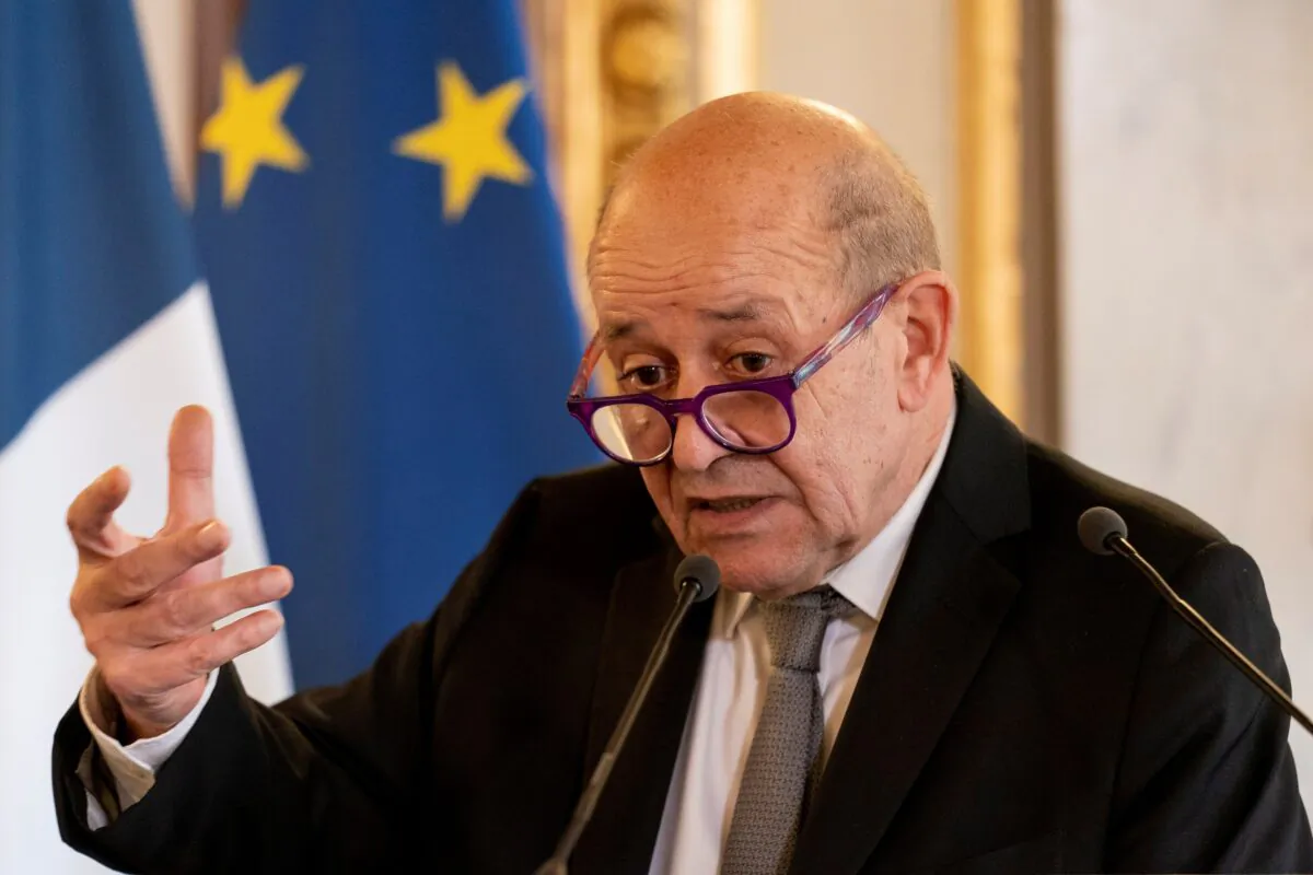 French Foreign Affairs Minister Jean-Yves Le Drian speaks during a news conference with U.S. Secretary of State Antony Blinken at the French Ministry of Foreign Affairs in Paris, France, on June 25, 2021. (Andrew Harnik/Pool via Reuters)