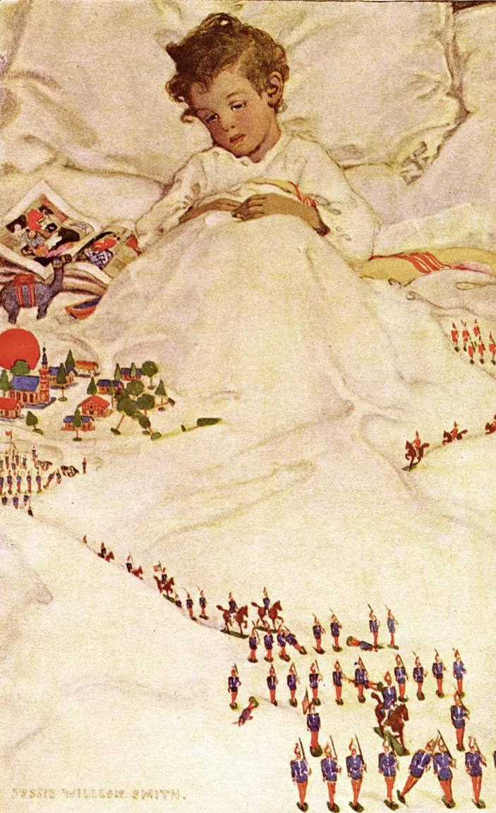 Part of a watercolor illustration for the poem "In the Land of Counterpane," in the 1905 edition of "A Child's Garden of Verses" by Robert Louis Stevenson. (Public Domain)