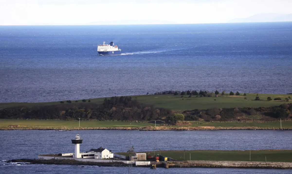 A P&O ferry from Scotland crosses the Irish Sea making way towards the port at Larne on the north coast of Northern Ireland, on Jan. 1, 2021. (Peter Morrison/AP Photo)