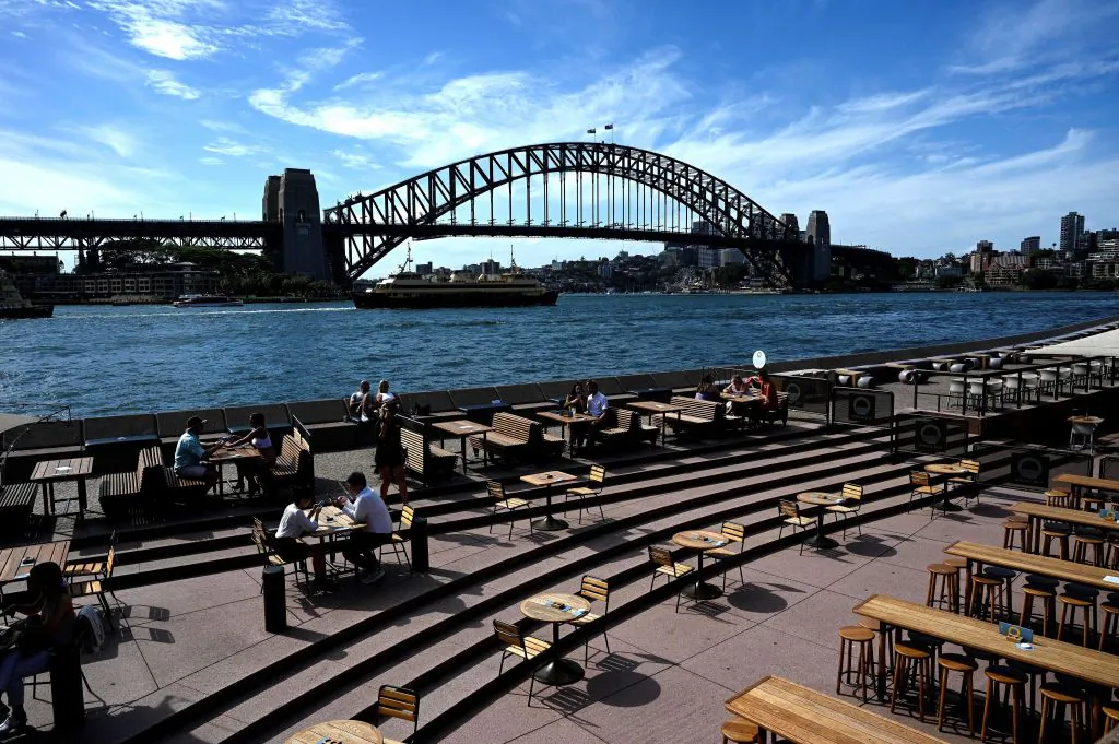 Seatings for restaurants are mostly empty along Sydney Harbour due to COVID-19 coronavirus concerns, in Sydney on December 24, 2020. (SAEED KHAN/AFP via Getty Images)
