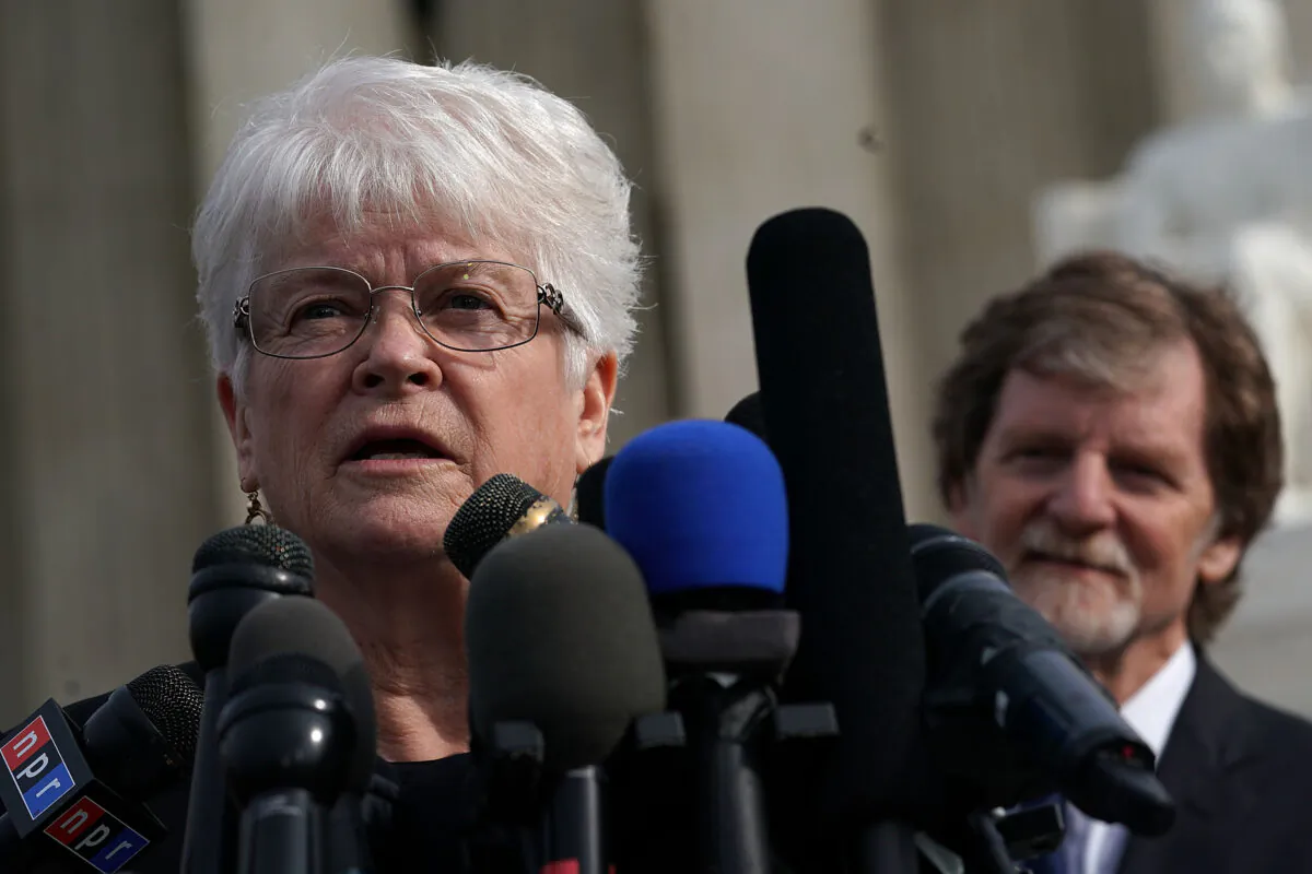 Floral artist Barronelle Stutzman (L) speaks to members of the media in front of the Supreme Court as cake artist Jack Phillips (R) looks on in Washington on Dec. 5, 2017. Both Stutzman and Phillips have sought to have their rights to conscience in the running of their businesses upheld. (Alex Wong/Getty Images)