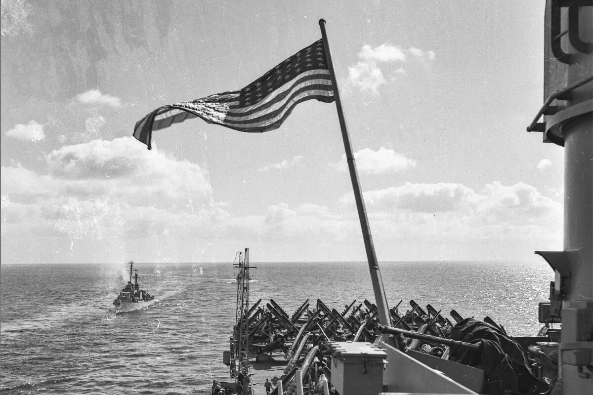 The USA flag flying at sea on the USS Bon Homme Richard during the Korean War at a time when no airstrikes were happening. "When airstrikes were active under operations, the United Nations flag was flown," said Navy veteran Arthur Moss. (Courtesy of Arthur Moss)